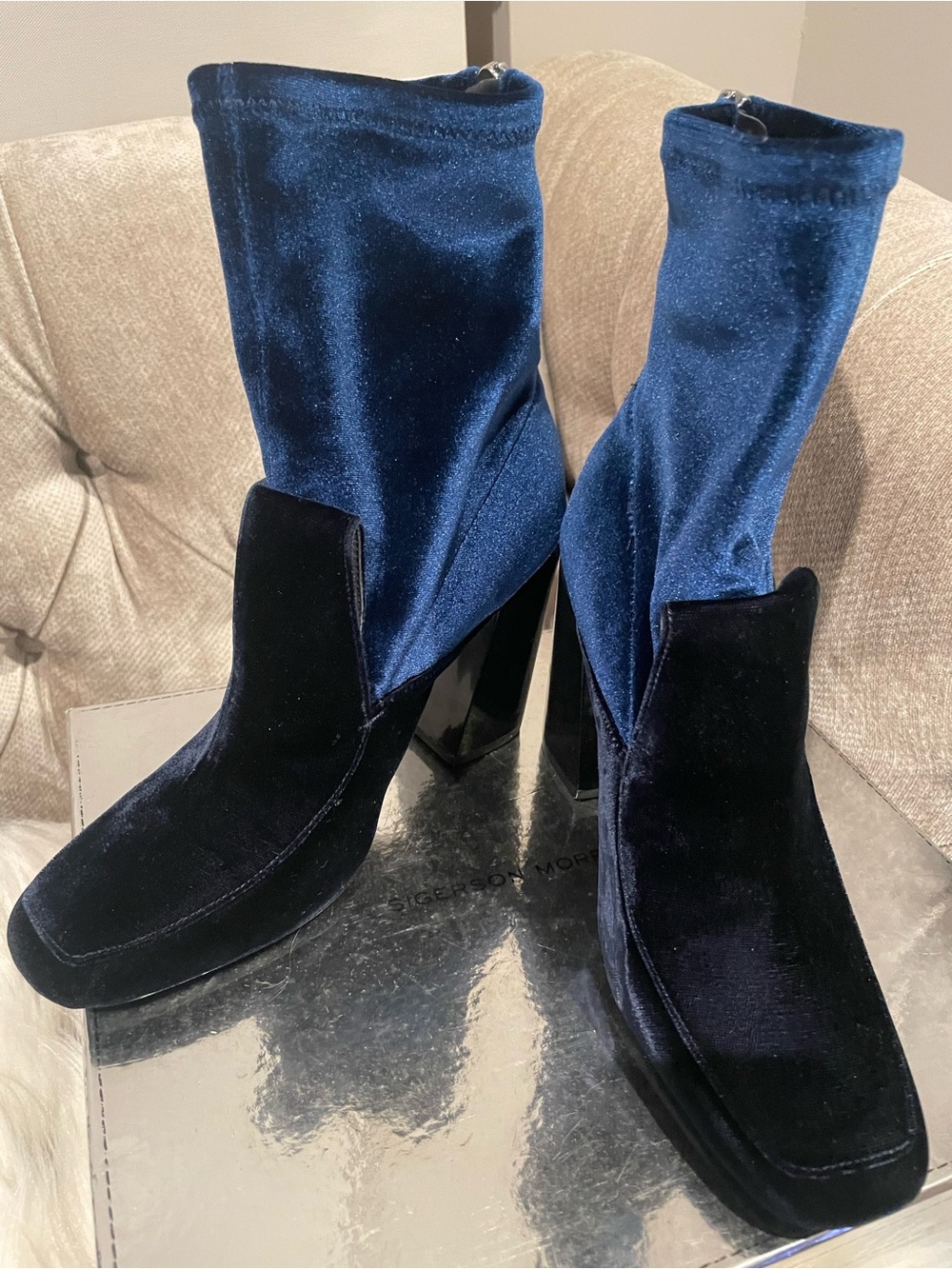 Sigerson Morrison Velvet Block Heel Navy Booties